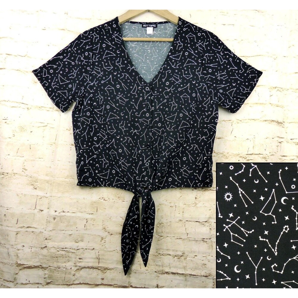 Hot Topic Constellation Tie Front Top Womens S Black Button Up Goth Witch